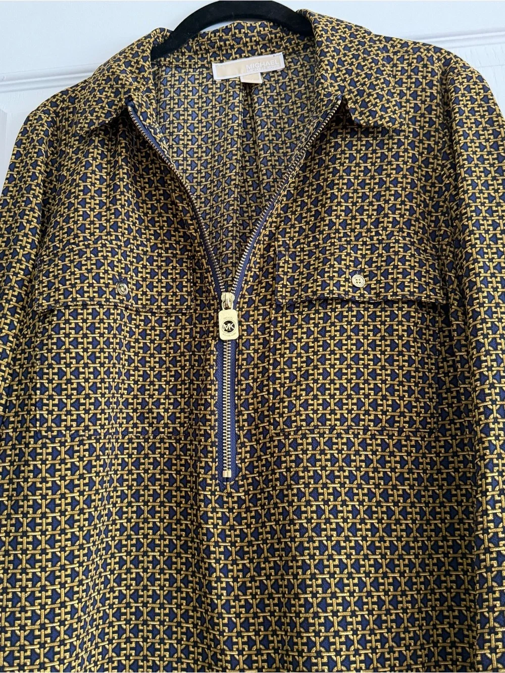 Michael Kors Navy and Mustard Geometric Zip-Front Tunic